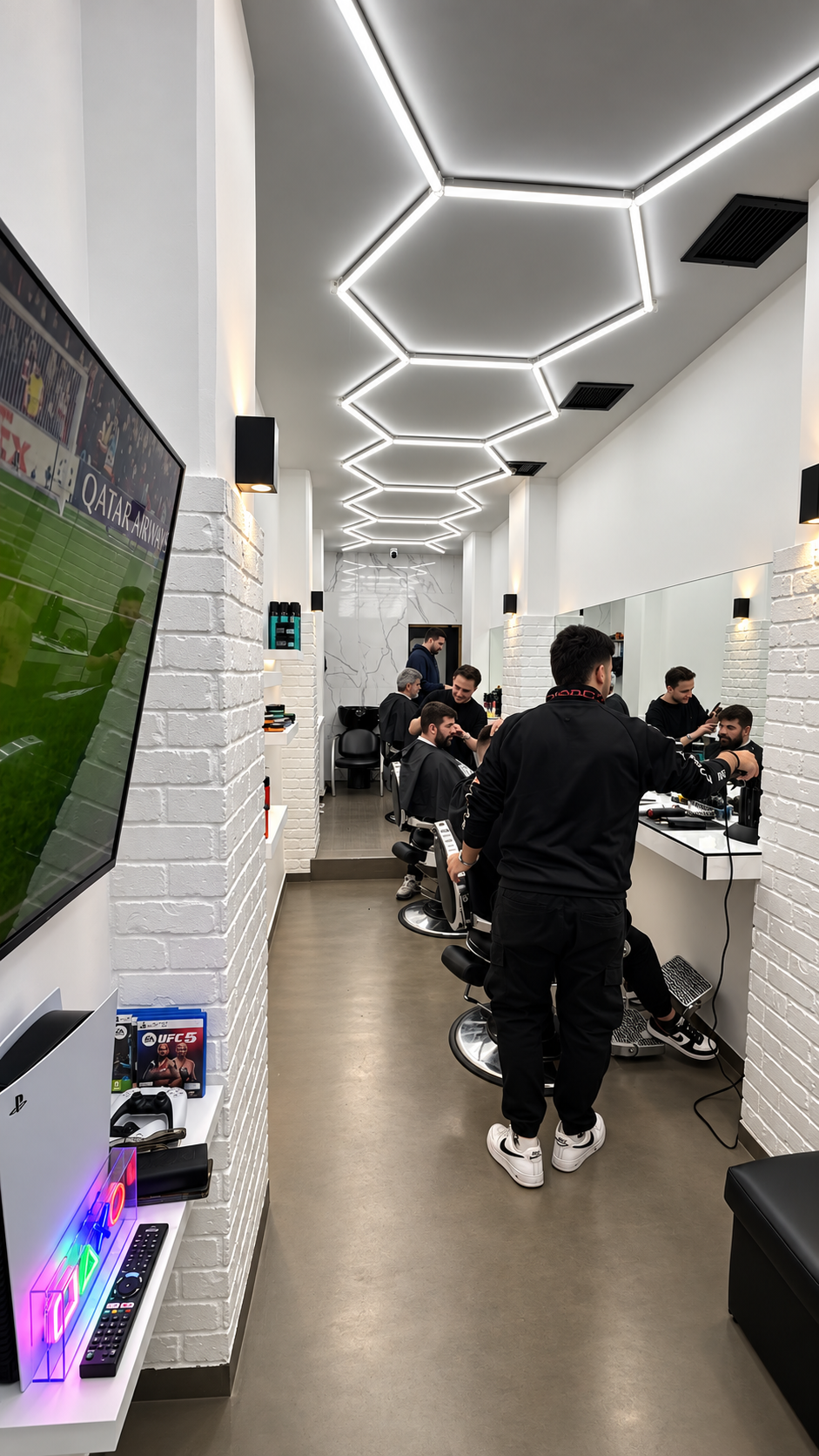 Busy afternoon inside Ghost Barber Club in Volos